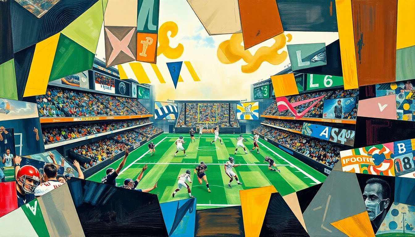 A cubist, geometric painting depicting a fragmented football game, with overlapping shapes and planes representing the various elements of the sport, conceptually illustrating the strategic considerations behind roster construction in the modern NFL.