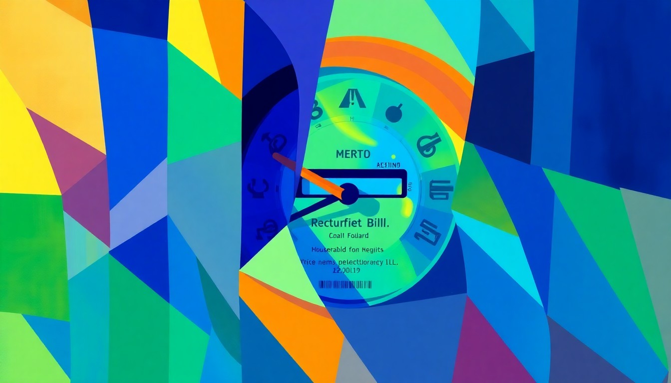 A dynamic, abstract painting featuring overlapping, fragmented images of a household electricity meter or energy bill, rendered in a bold, geometric style with vibrant blue, green, and orange hues, conveying the complexity and urgency of the energy bill crisis.