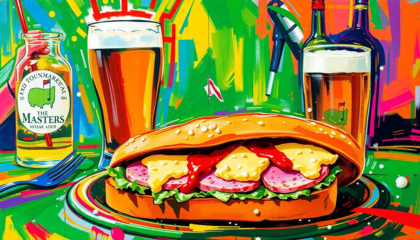 A vibrant, expressionist painting depicting the diverse culinary offerings at the Masters Tournament, including a pimento cheese sandwich, a glass of beer, and other golf-themed elements, all rendered in a dynamic, neon-colored style that captures the energy and excitement of the event.