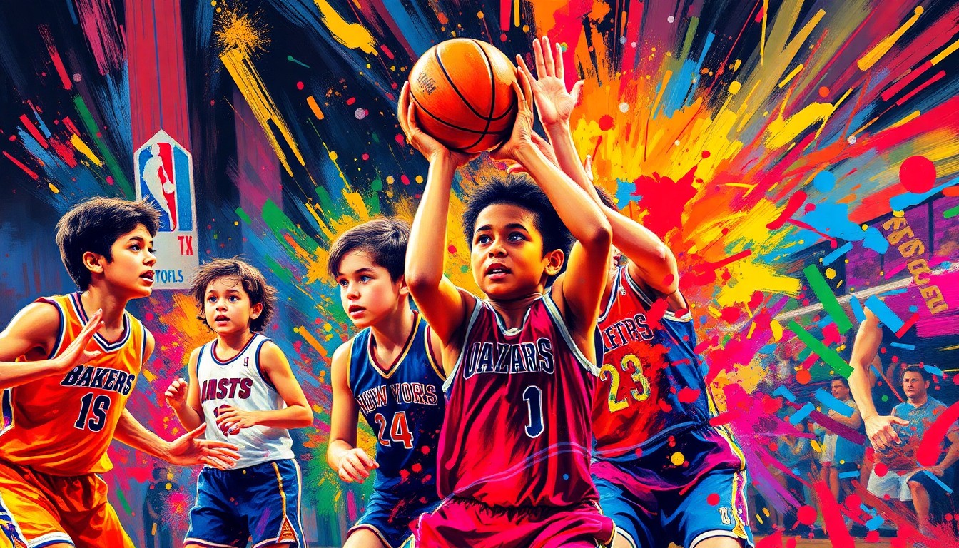 An abstract, energetic painting featuring bold, neon-colored brushstrokes that capture the dynamic movement and excitement of a youth basketball game, with players' forms dissolving into vibrant splashes of color.