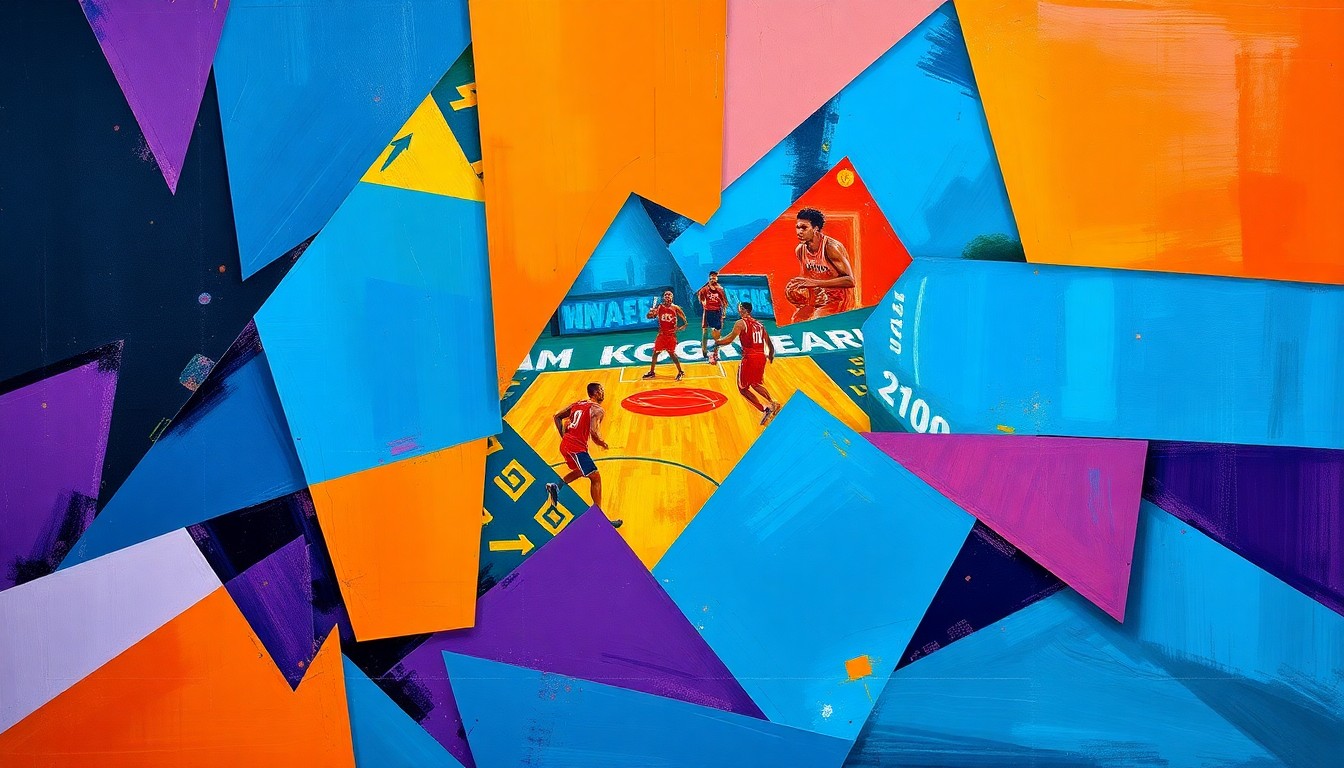 A cubist, geometric painting depicting a fragmented basketball court with players in motion, using bold, overlapping shapes and vibrant colors to capture the dynamic energy of the game.