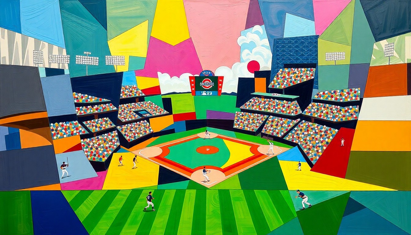 A cubist-style painting depicting a baseball game broken down into sharp, overlapping geometric shapes in vibrant colors representing the teams of the AL East division, conceptually illustrating the complex dynamics of rotation decisions and their impact on fantasy baseball.