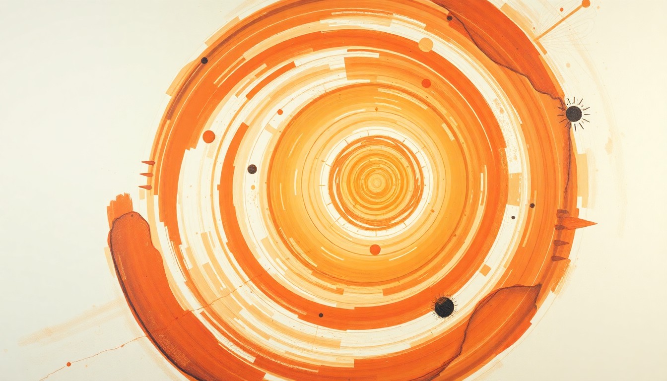 A highly structured abstract painting in soft, earthy tones of orange, red, and blue, featuring sweeping geometric arcs, concentric planetary circles, and precise botanical spirals, conceptually representing the disruption caused by a powerful solar flare and its impact on Earth's magnetic field and communication systems.