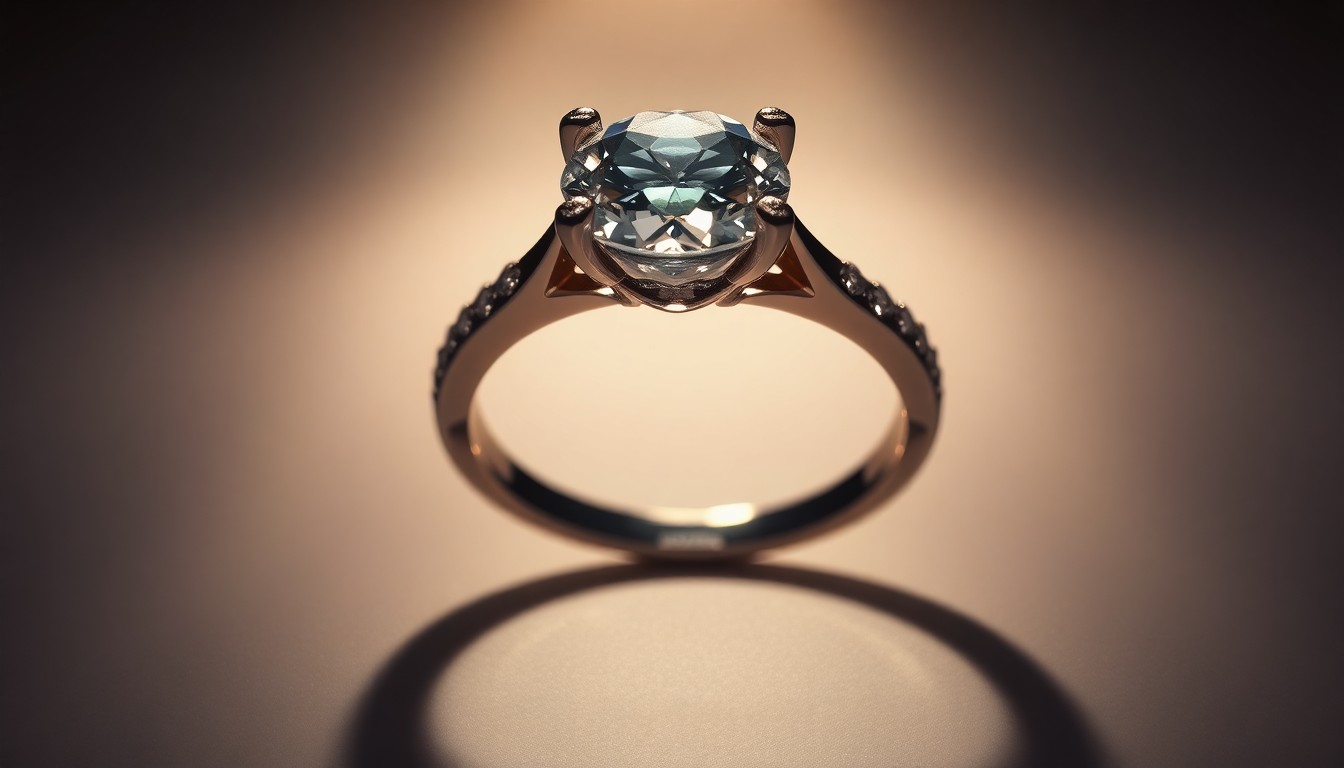 An extreme close-up of a diamond engagement ring reflecting dramatic studio lighting, capturing the glamour and luxury associated with a high-profile proposal.