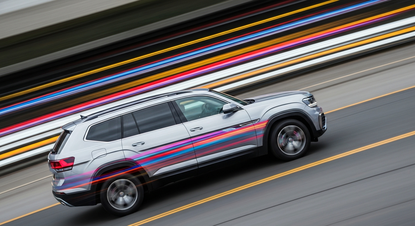 An abstract, blurred image of a 2027 Volkswagen Atlas crossover SUV in motion, with streaks of vibrant colors representing the vehicle's dynamic design and engineering.