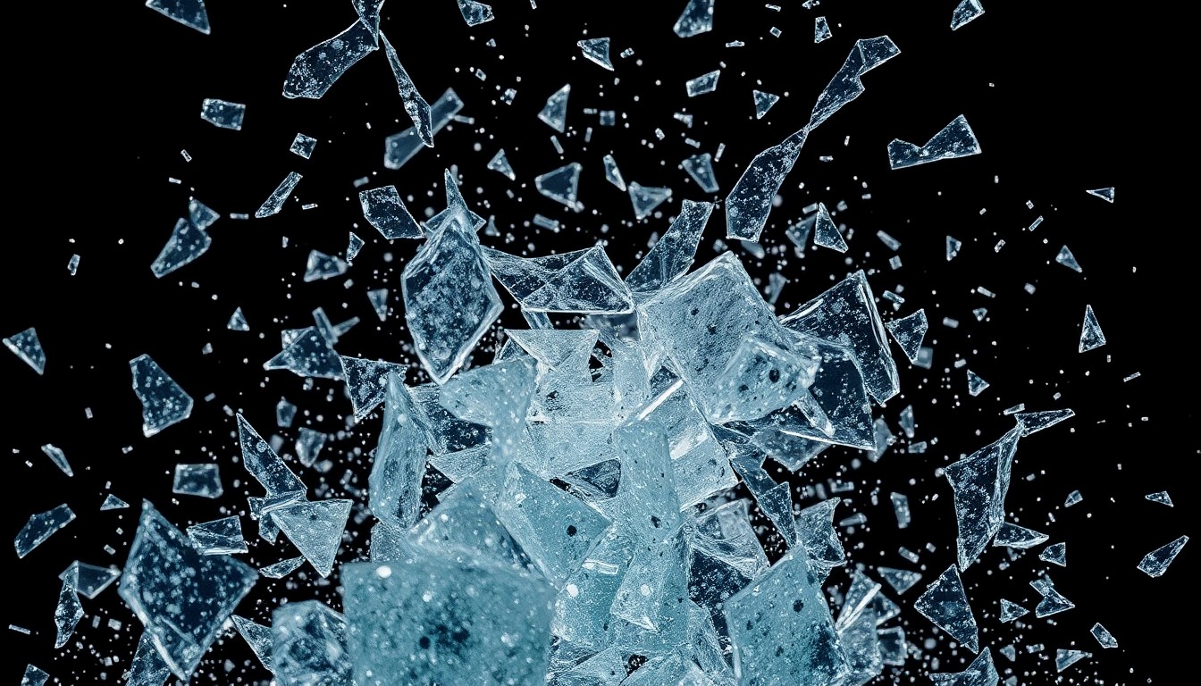 An abstract close-up photograph featuring shattered glass and glittering shards in dramatic, high-contrast lighting, conceptually representing the fragmented nature of truth and the sensationalism of online media.