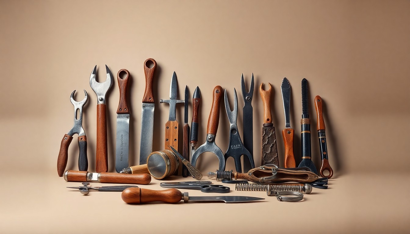 A photorealistic studio still life featuring a collection of farrier tools and equipment, including horseshoes, nippers, and a rasp, arranged elegantly on a clean, monochromatic background, conveying the risks and challenges of the farriery profession through the use of dramatic lighting and shadows.