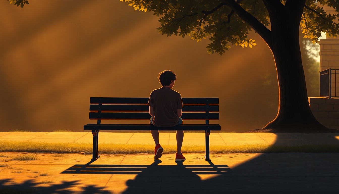 A serene, cinematic painting of a lone figure sitting on a park bench, the scene bathed in warm light and deep shadows, conceptually representing the initiative's goal of providing safe, supportive spaces for at-risk youth.