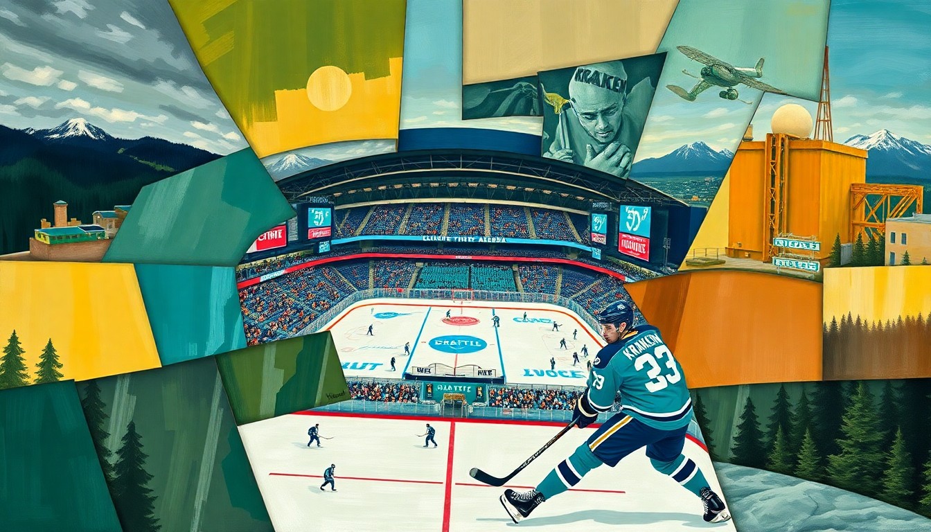 A cubist, geometric painting depicting the Seattle Kraken hockey team, Climate Pledge Arena, and the surrounding sports and entertainment landscape, broken down into sharp, overlapping planes of vibrant teal, navy blue, earthy greens, and grays, capturing the dynamic energy and transformation of Seattle's sports scene.