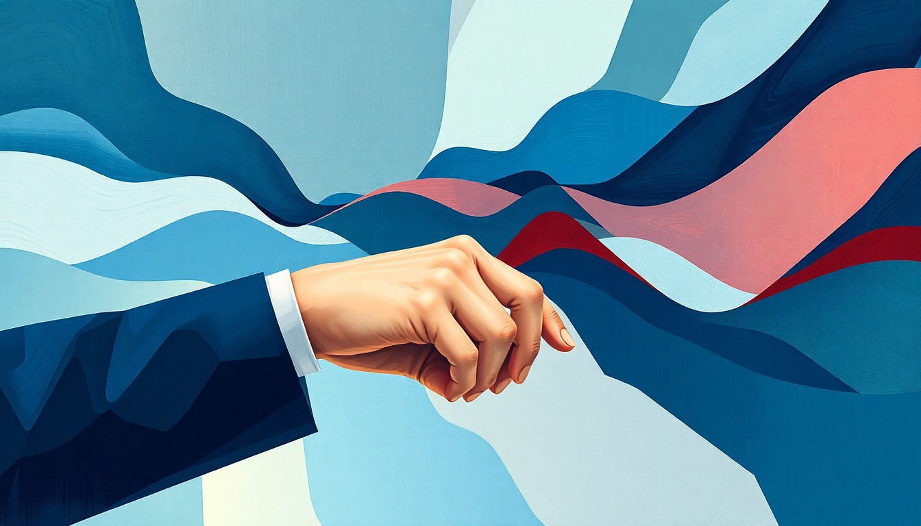 A dynamic, abstract painting featuring overlapping geometric shapes and waves of color, representing the complex intersection of politics, finance, and technology in the world of prediction markets.