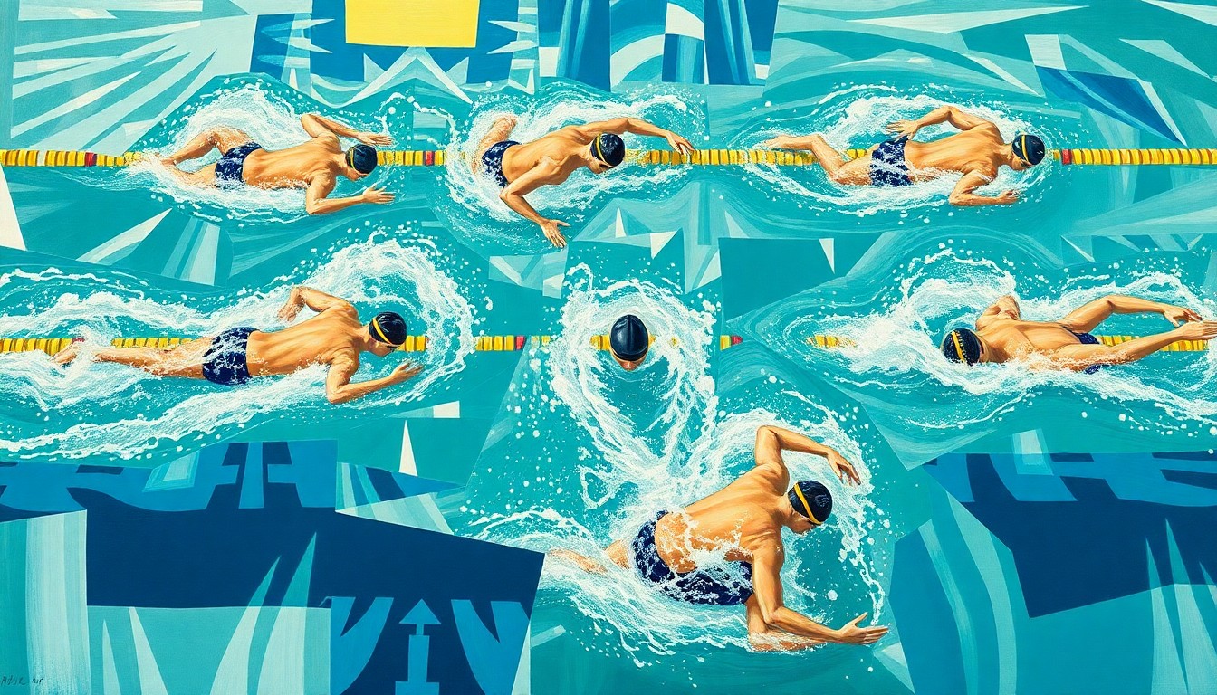 A cubist, geometric painting depicting the chaotic, overlapping movements of a college swimming relay race, with fragmented bodies, water, and exchange zones conveying the strategic complexity of this evolving event format.
