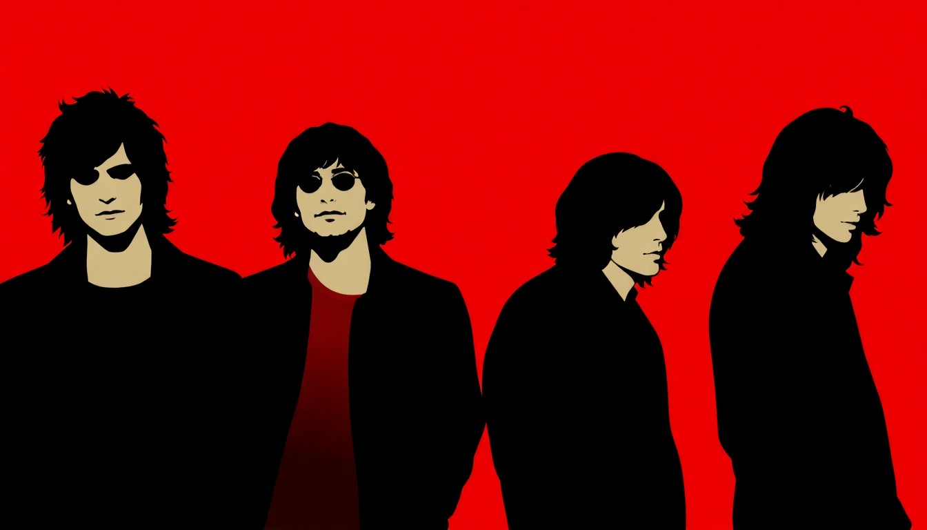 A striking, minimalist illustration featuring bold, geometric black silhouettes of the members of the rock band The Strokes, set against a vibrant red background, conceptually representing the band's anticipated new musical direction.