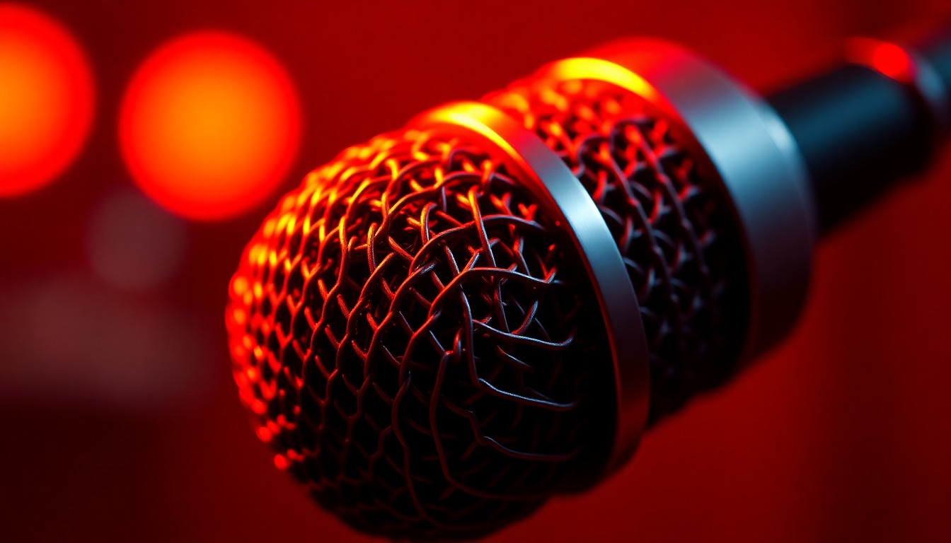 An extreme close-up photograph of a sleek, metallic radio microphone, its surface reflecting dramatic shadows and highlights to create a high-fashion, luxurious aesthetic, conceptually representing the energy and excitement of a new local radio program.