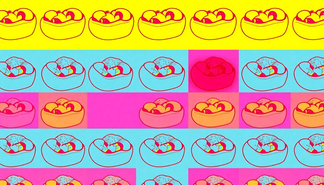 A vibrant, high-contrast silkscreen print featuring a repeated image of a Milwaukee food item, such as a bratwurst or craft beer, rendered in a bold, neon color palette and heavy black outlines in the style of Andy Warhol's pop art, conceptually representing the city's culinary renaissance.