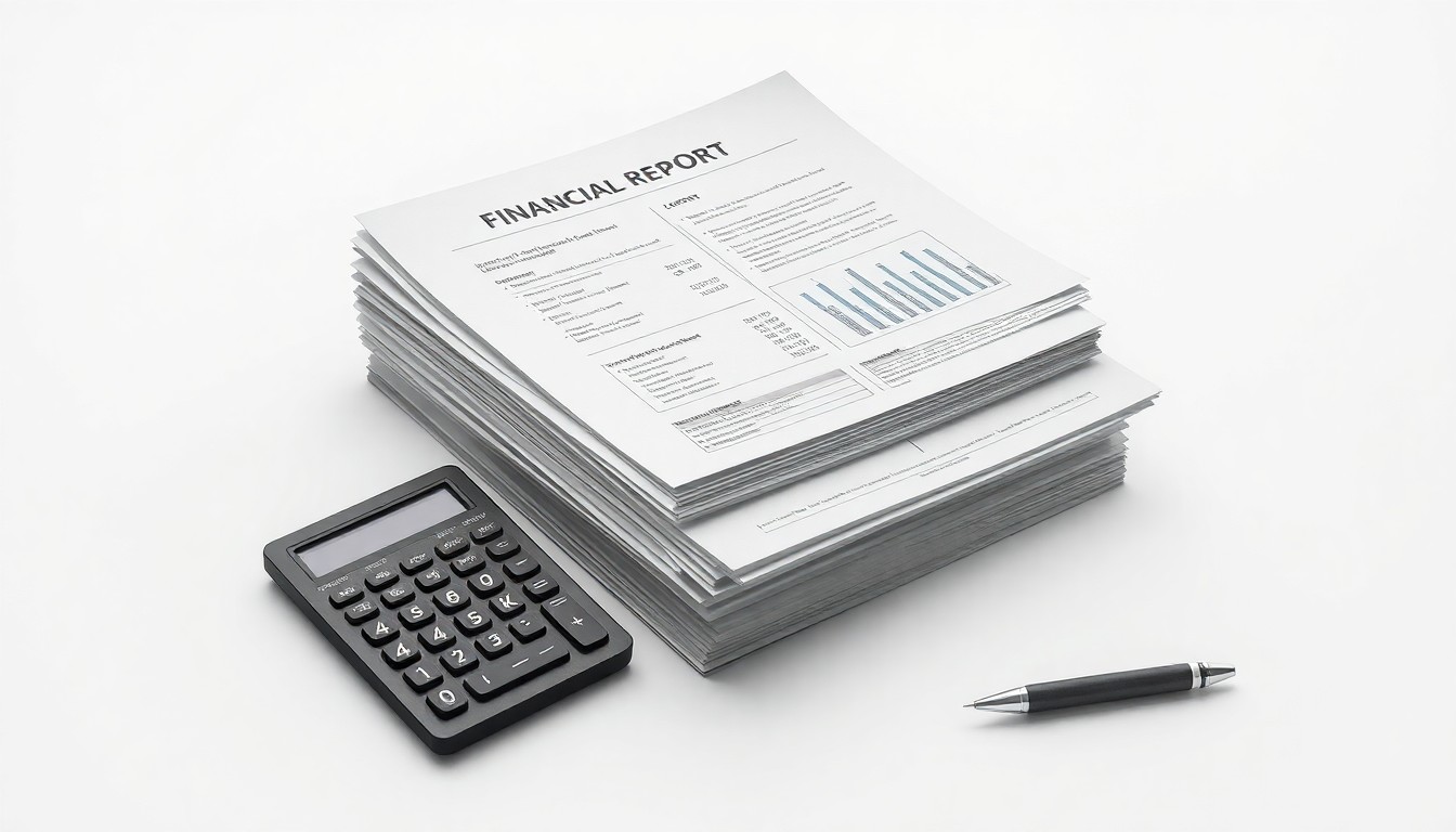 A minimalist studio still life featuring a stack of financial reports, a calculator, and a pen on a clean, monochromatic background, conceptually representing corporate finance and earnings reports.