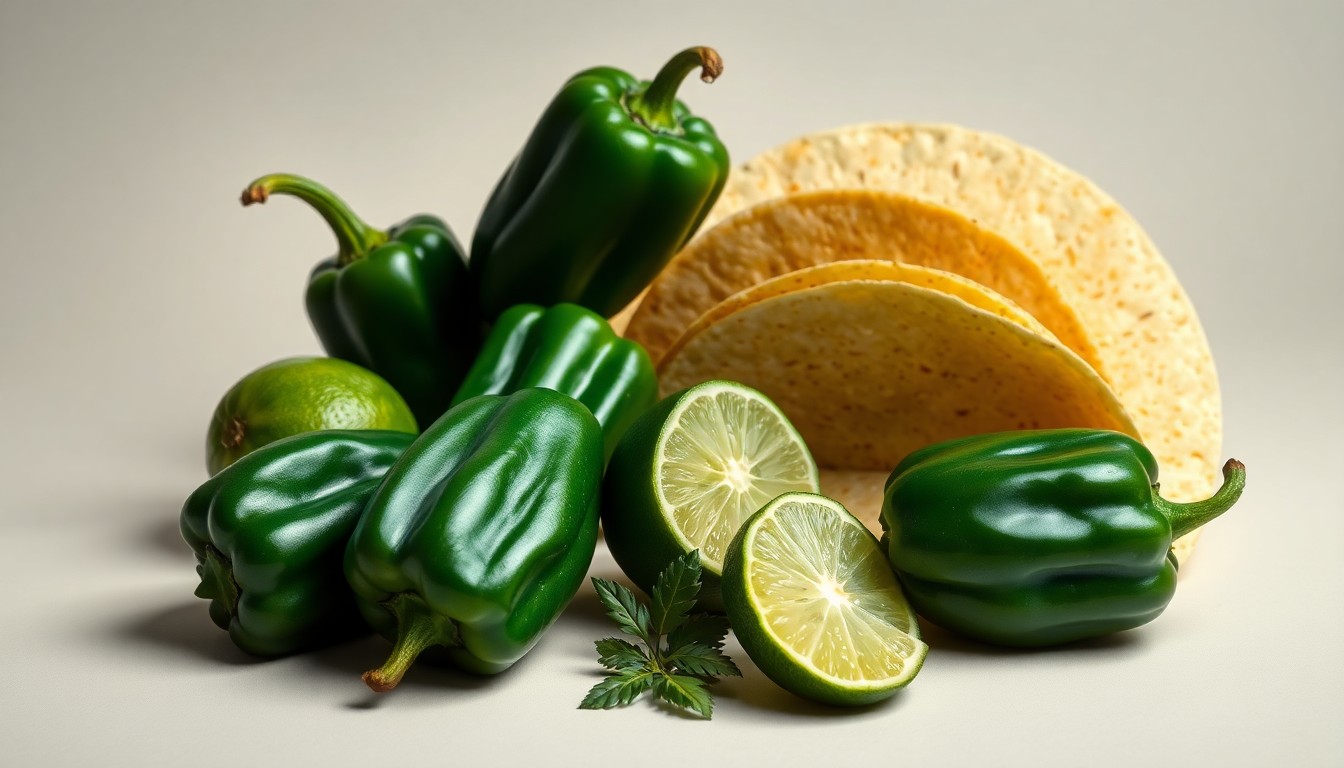 A high-end, photorealistic studio still-life photograph featuring a selection of premium Mexican ingredients like poblano peppers, avocados, limes, and corn tortillas, arranged elegantly on a clean, monochromatic background and dramatically lit to showcase the care and craftsmanship behind Poblano Pepper's culinary offerings.
