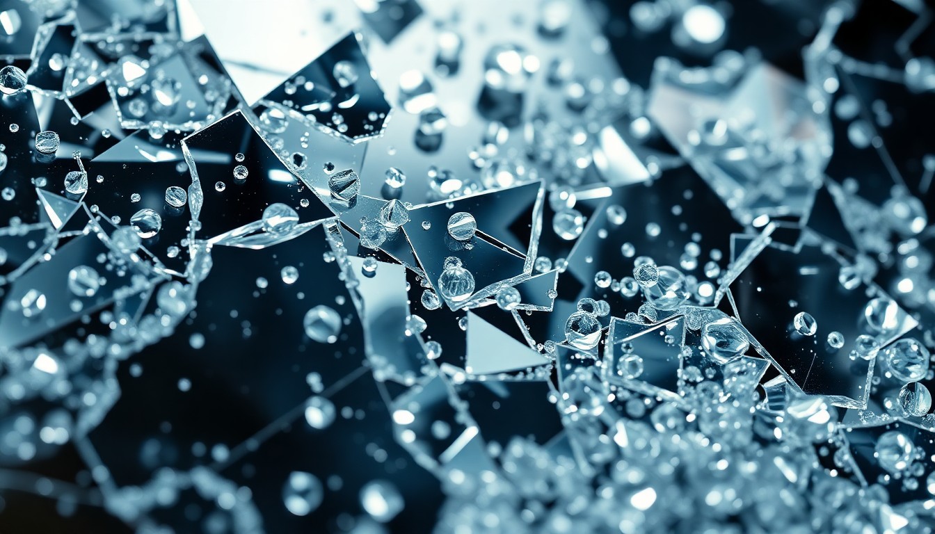 An abstract close-up image featuring shattered glass, glittering sequins, and distorted reflections, conveying a sense of glamour and mystery surrounding the potential casting of a new actor in a classic comic book role.