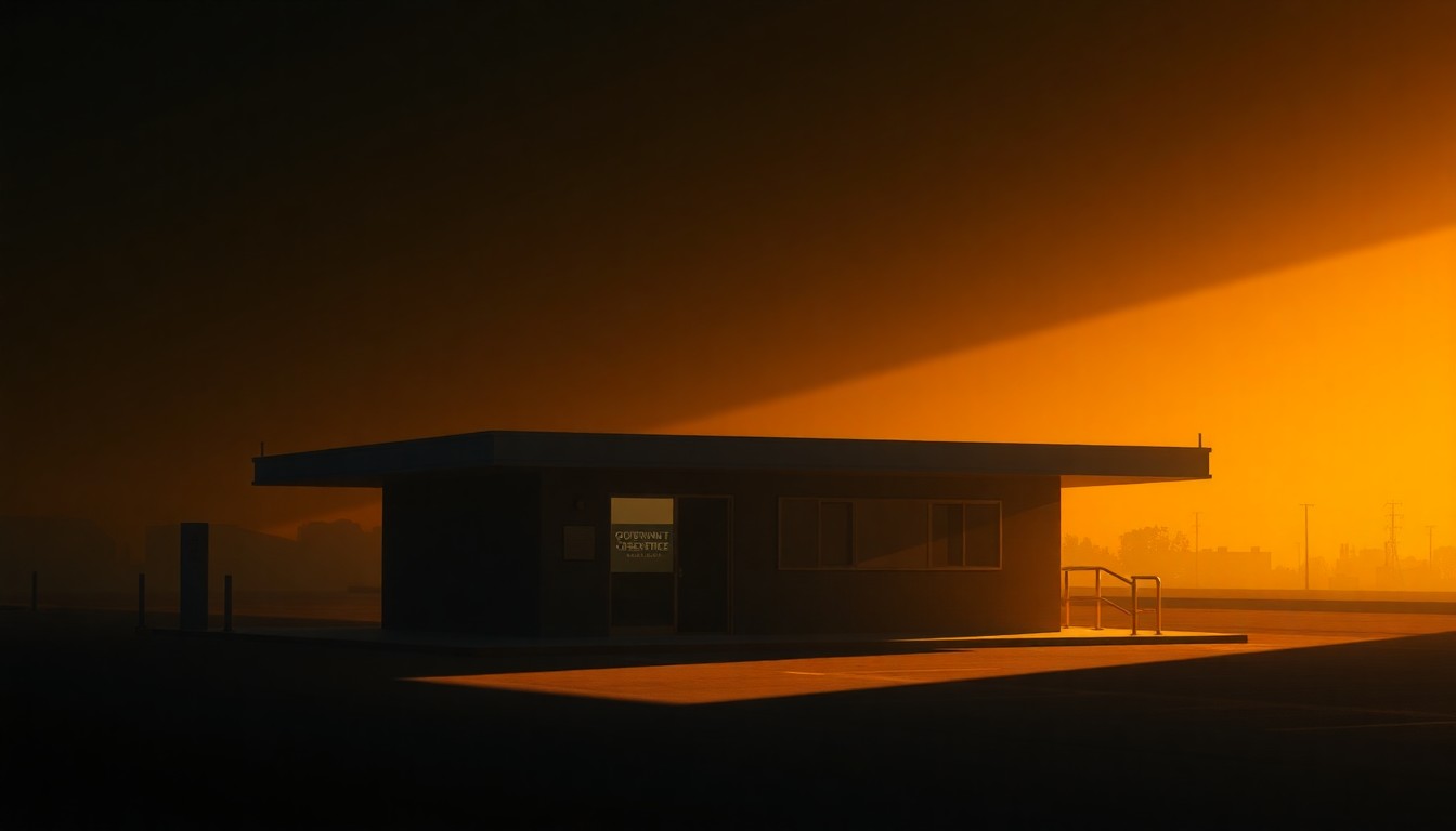 A dimly lit, cinematic painting of a government office building or immigration checkpoint, with warm sunlight streaming through the windows and deep shadows obscuring details. The scene evokes a sense of solemnity and unease, reflecting the complex issues surrounding the Home Office's crackdown on EU citizens' residency rights.