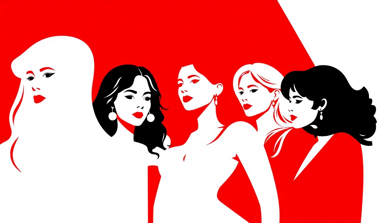 A bold, abstract composition of jagged, geometric shapes in striking red and white, conceptually representing the dominance of female country music artists in the 2026 ACM Awards nominations.