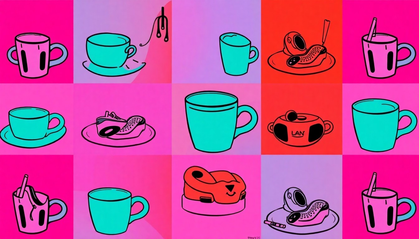 A vibrant, high-contrast silkscreen print of a gold-accented coffee cup repeated in a grid pattern, conceptually representing Simone Biles' new Olympic-themed restaurant.