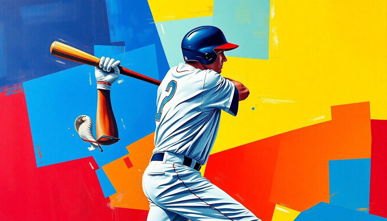 A fragmented, cubist-style painting depicting the geometric shapes and planes of a baseball player's swing, rendered in a vibrant color palette of blues, reds, and yellows.