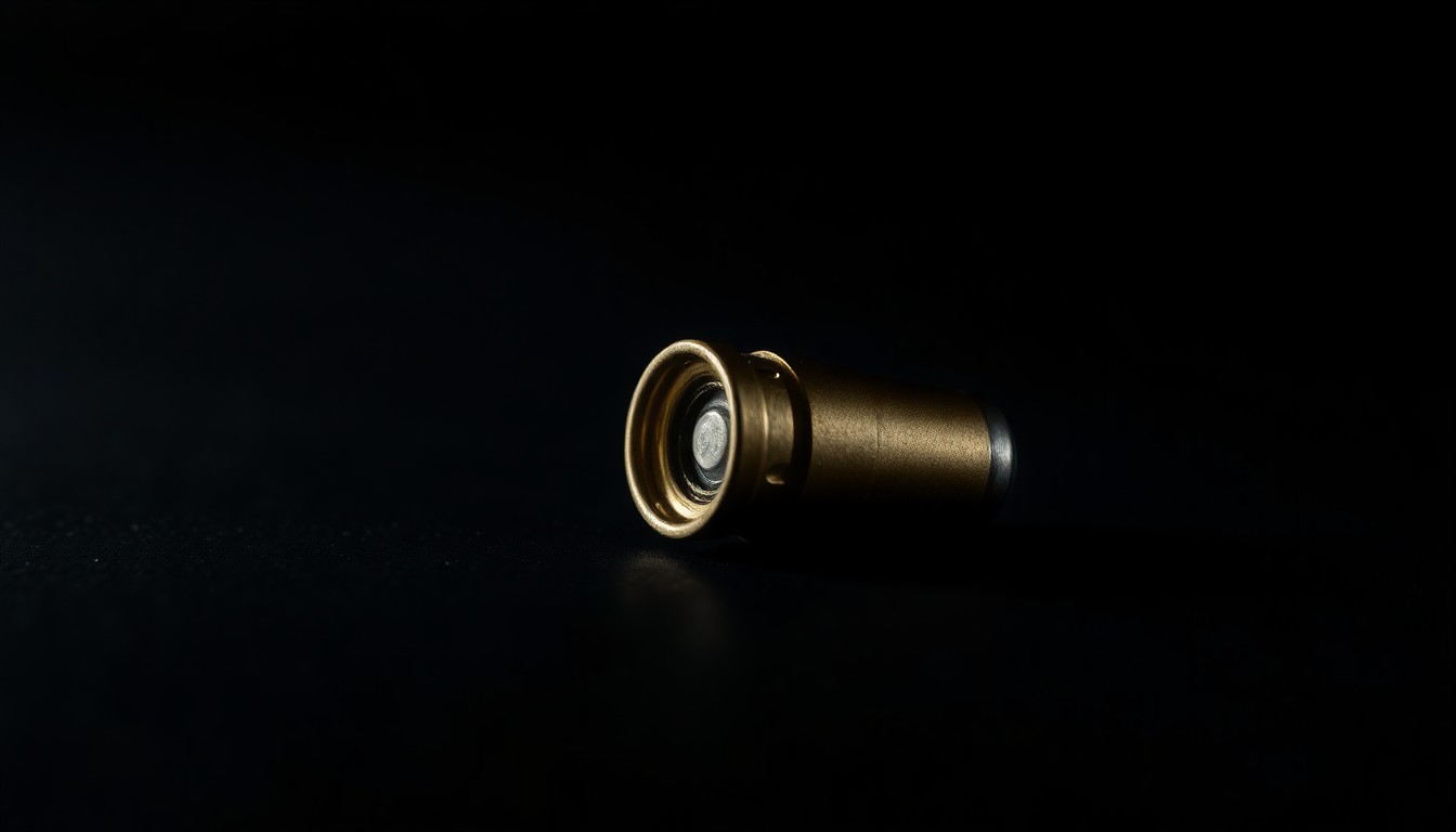 An extreme close-up photograph of a single spent shell casing on a dark surface, lit by a harsh, direct camera flash, conceptually representing the aftermath of a violent confrontation.