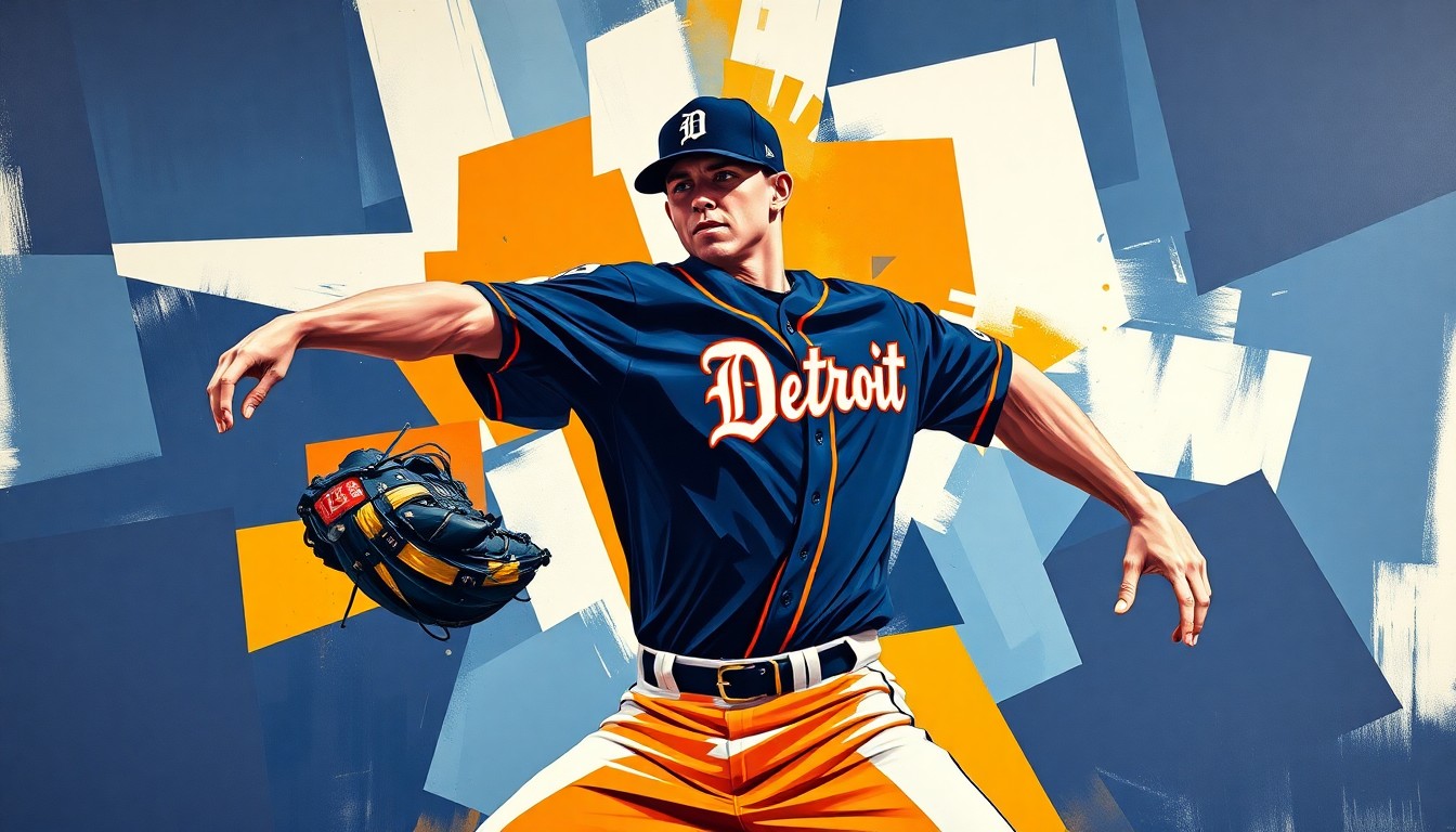 A cubist, geometric painting depicting a baseball pitcher's throwing motion, with sharp, overlapping planes in the vibrant colors of the Detroit Tigers' uniform.