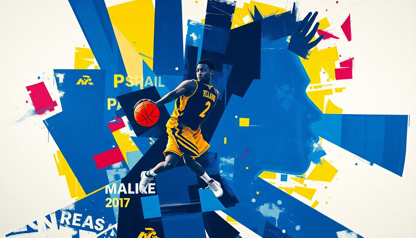 A cubist, geometric painting depicting the silhouette of a basketball player in motion, broken down into overlapping planes of navy, yellow, and red, conceptually representing the versatility and dynamism Estrella will bring to the Michigan lineup.