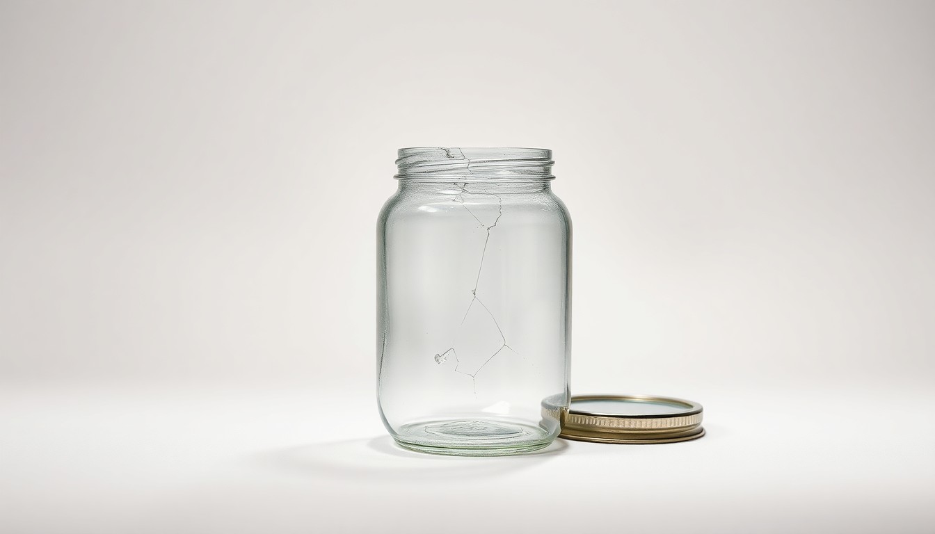 A photorealistic studio still life of a cracked, empty glass jar with a broken lid, placed on a clean, monochromatic background and lit dramatically to convey a sense of financial distress and legal troubles.