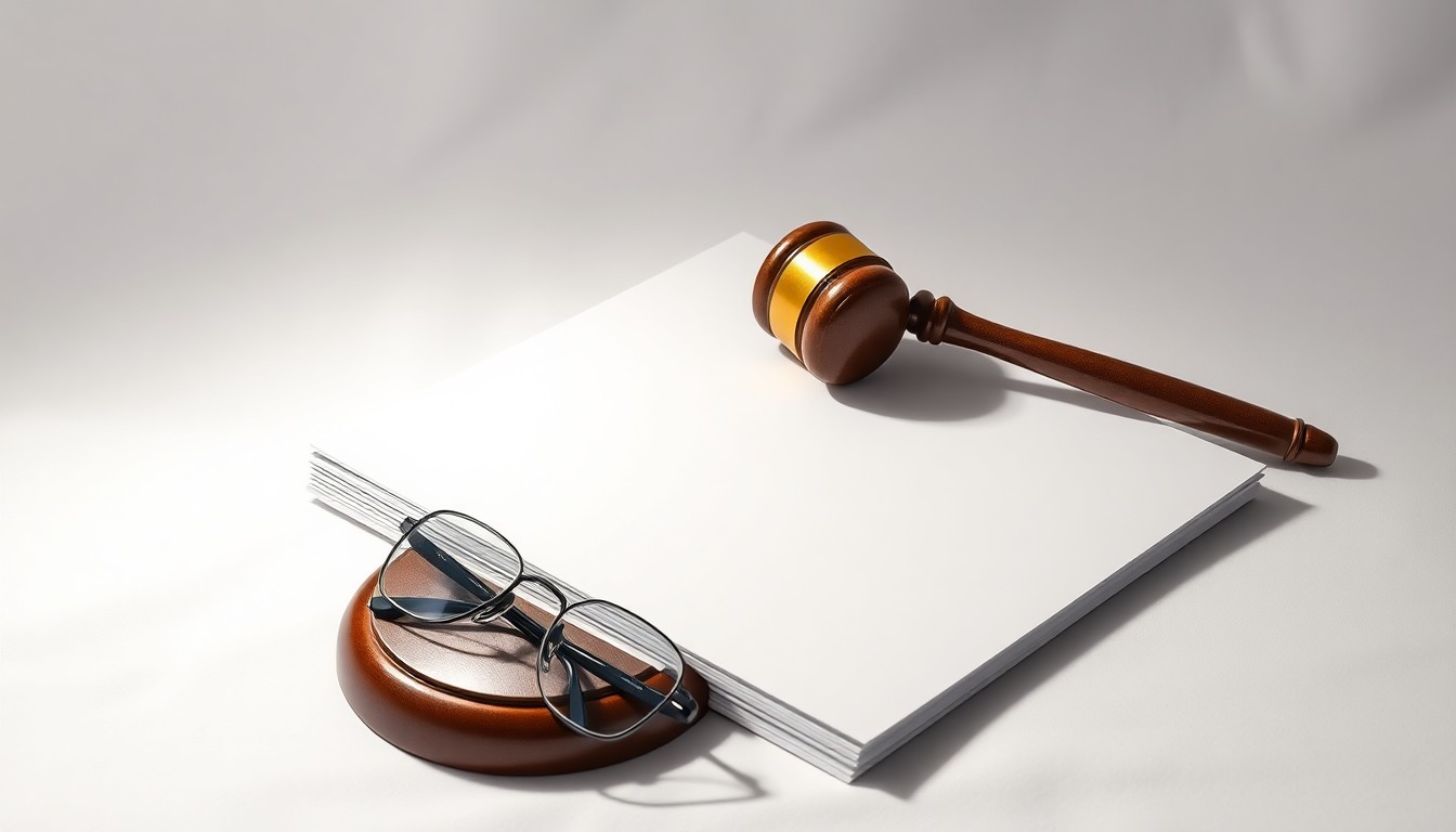 A photorealistic studio still life featuring a metal gavel, legal documents, and reading glasses arranged on a clean white background, symbolizing the abstract concepts of shareholder rights and corporate legal proceedings.