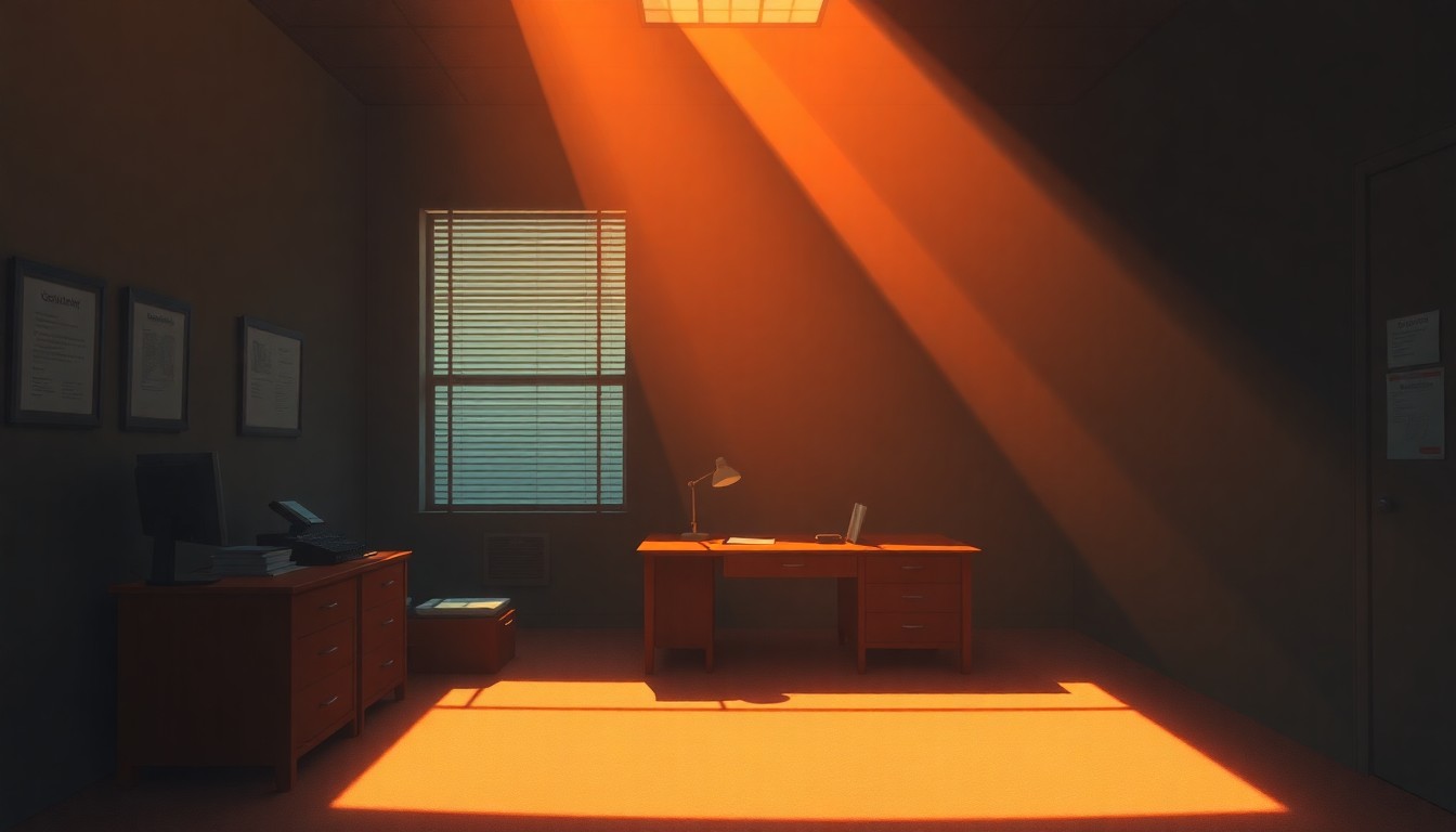 A dimly lit, cinematic painting of an empty government office desk, with warm sunlight streaming in through a window and casting deep shadows across the surface. The scene evokes a sense of quiet contemplation and the weight of bureaucratic power.