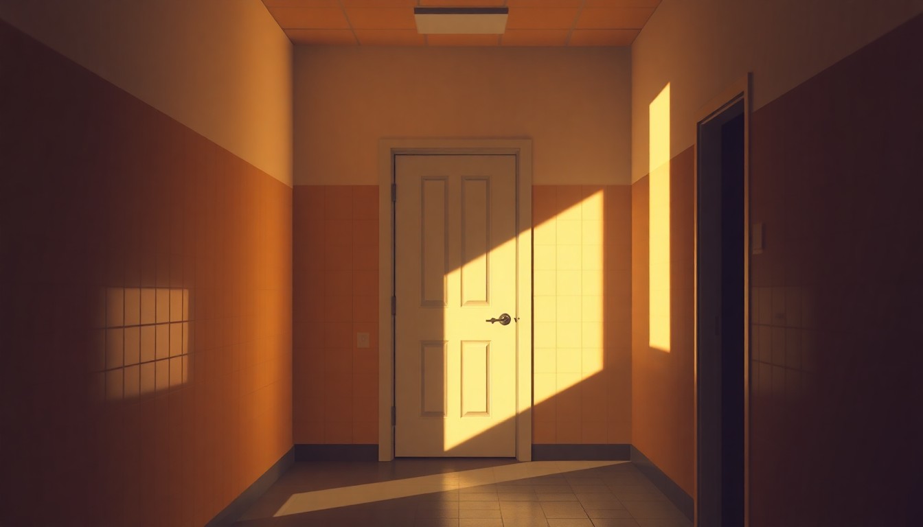 A photorealistic painting of a single-stall bathroom door in a high school hallway, with warm light streaming in from a window and deep shadows cast across the frame, creating a contemplative and nostalgic mood that reflects the complex social and legal issues at the heart of this story.