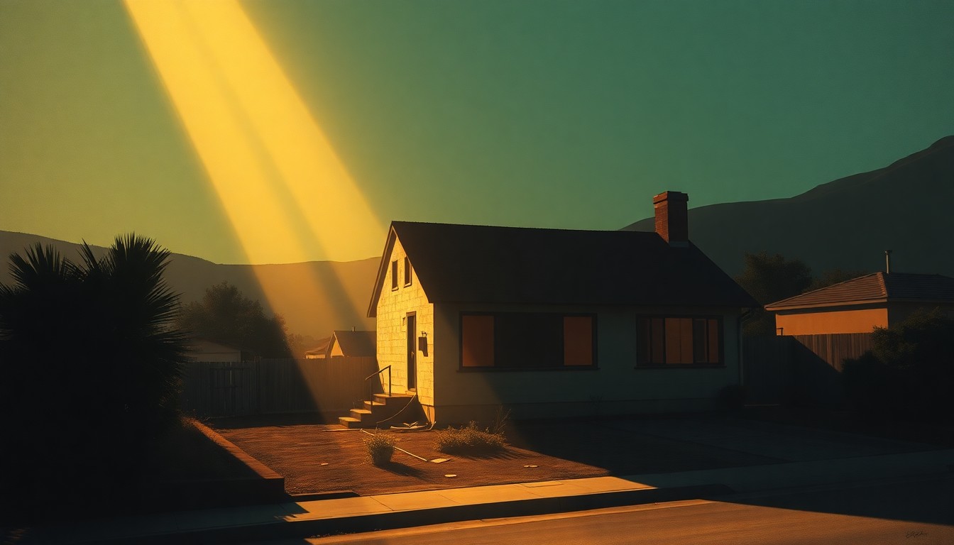 A photorealistic painting of a solitary, charred house in a residential neighborhood, with warm sunlight casting long shadows across the scene, conveying a sense of melancholy and loss in the wake of a natural disaster.