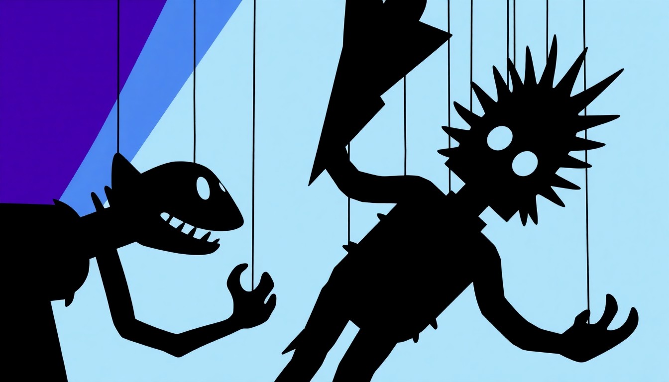 An abstract, minimalist illustration composed of jagged, geometric cut-out shapes in shades of blue, purple, and black, conceptually representing the iconic marionette puppets that have entertained generations of Brooklynites at the Puppetworks theater.