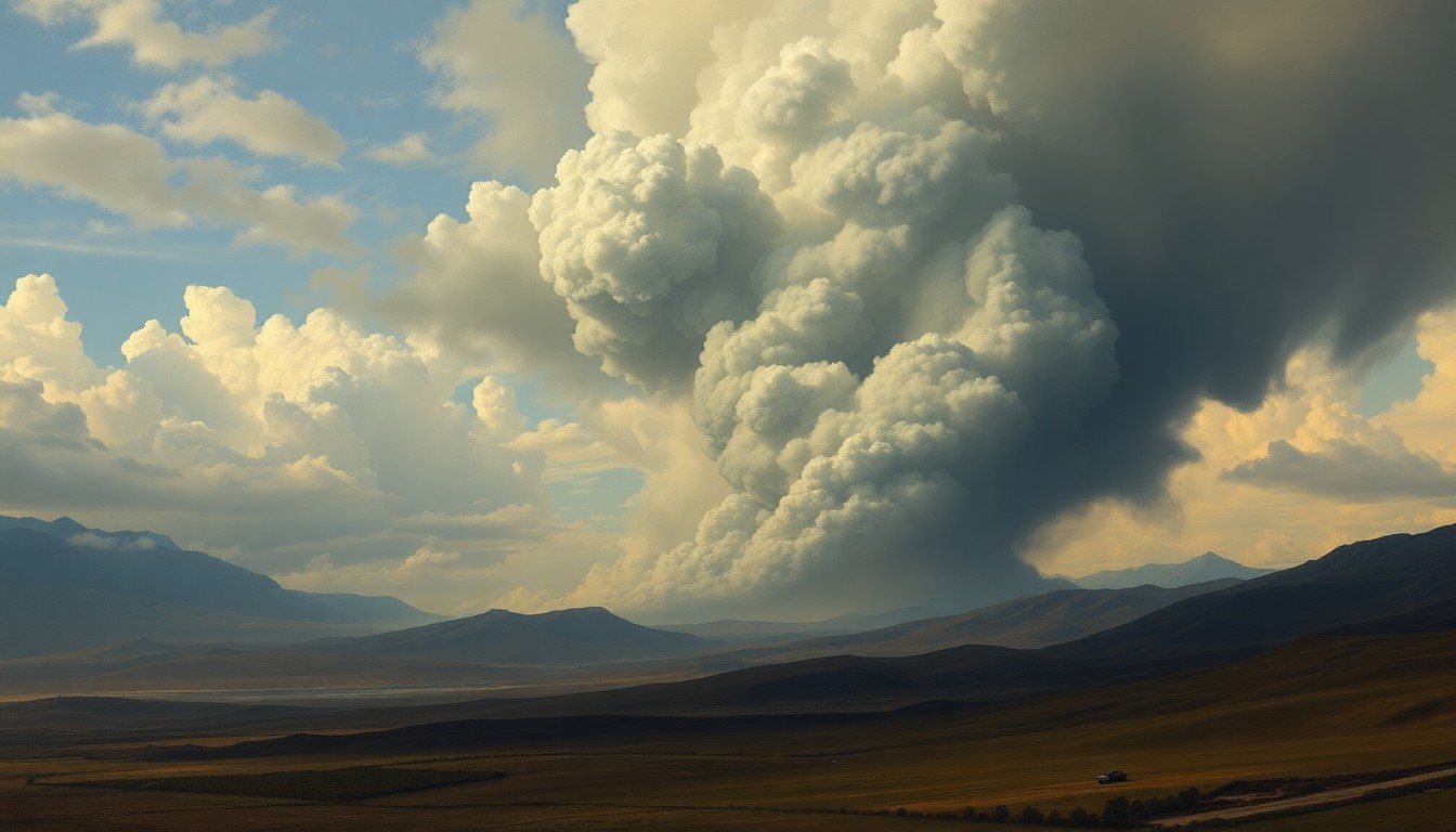 A sweeping, atmospheric landscape painting in muted earth tones, with a massive plume of dark smoke rising up from the horizon and partially obscuring the sky, conveying the overwhelming scale and power of the natural disaster.
