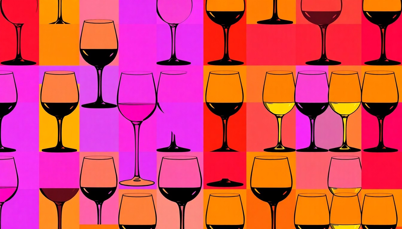A bold, colorful silkscreen-style illustration of a wine glass repeated in a grid pattern, using vibrant neon hues and heavy black outlines to transform the everyday object into a modern, abstract pop art piece.