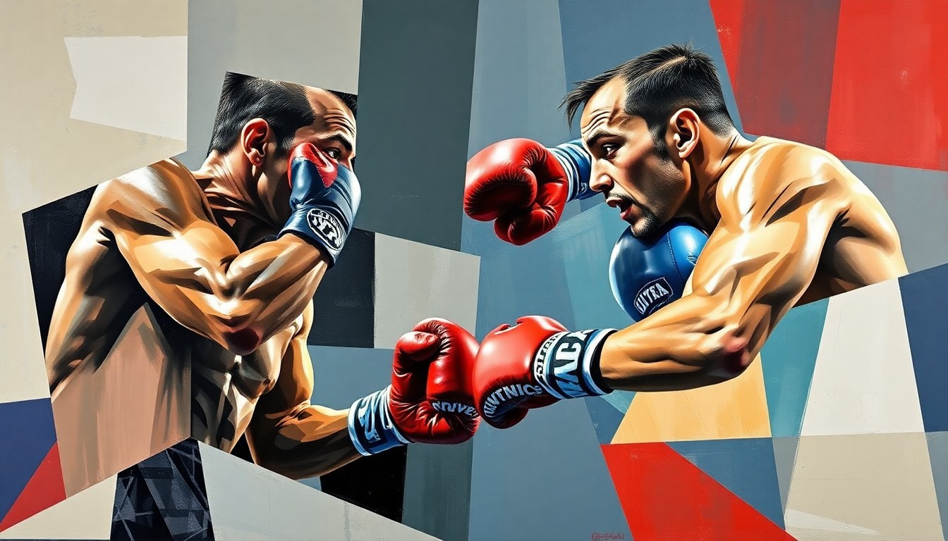 A cubist-style painting depicting a boxing match between David Benavidez and Dmitry Bivol, with the figures and actions broken down into sharp, geometric shapes and planes of color, capturing the dynamic energy and tension of the anticipated showdown.