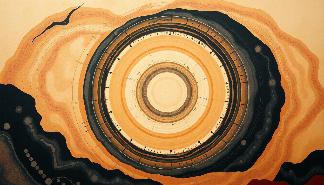 A highly structured abstract painting in soft, earthy tones featuring sweeping geometric arcs, concentric circles, and precise spirals, conceptually representing the complex underground magma systems and interconnected volcanic forces that led to the Hayli Gubbi eruption.