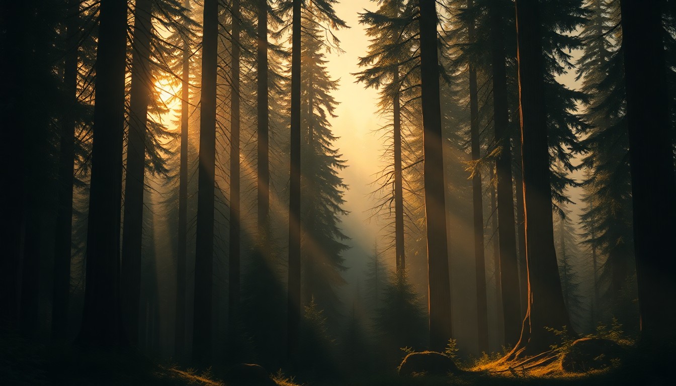 A serene, painterly scene of an old-growth forest in the Pacific Northwest, with sunlight filtering through the canopy and deep shadows cast across the forest floor, conveying the tranquility and natural beauty of these protected wilderness areas.