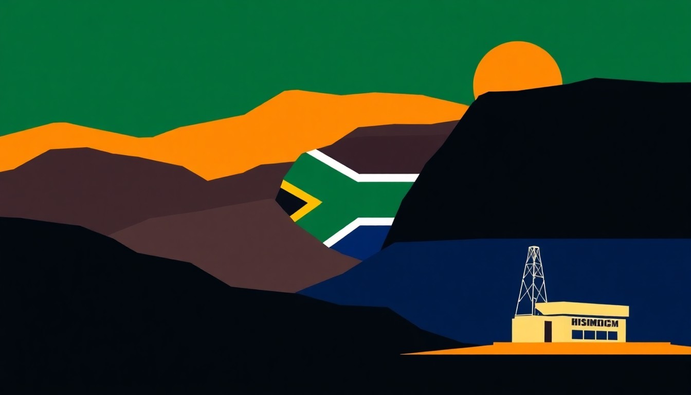 A geometric abstract illustration featuring overlapping triangles and rectangles in shades of blue, green, and gray, conceptually representing the complex economic challenges facing South Africa's mining-dependent economy.