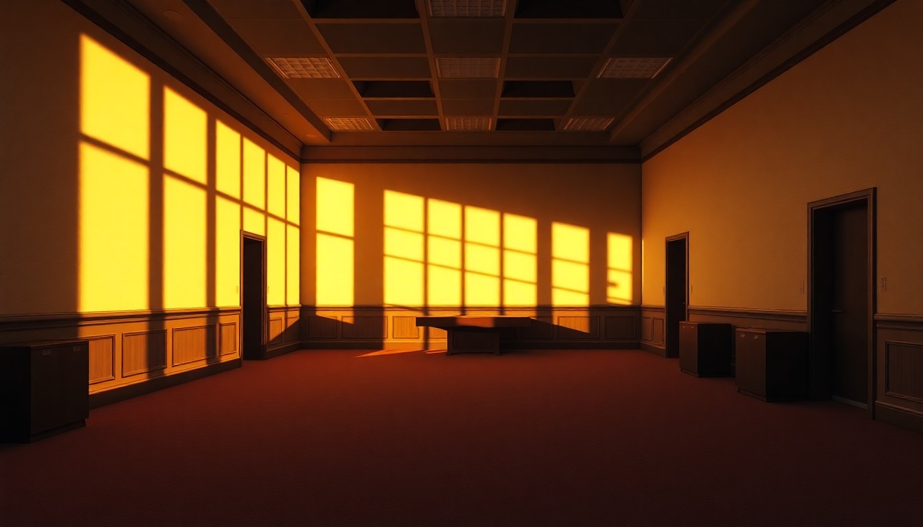 A dimly lit, cinematic painting of an empty government office space, with warm sunlight streaming in through a window and deep shadows cast across the room, creating a sense of political uncertainty and isolation.