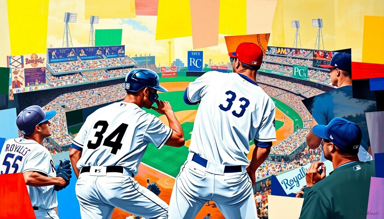 A fragmented, geometric painting in bold colors representing a baseball game, with overlapping shapes and planes conveying the intensity of the sport.
