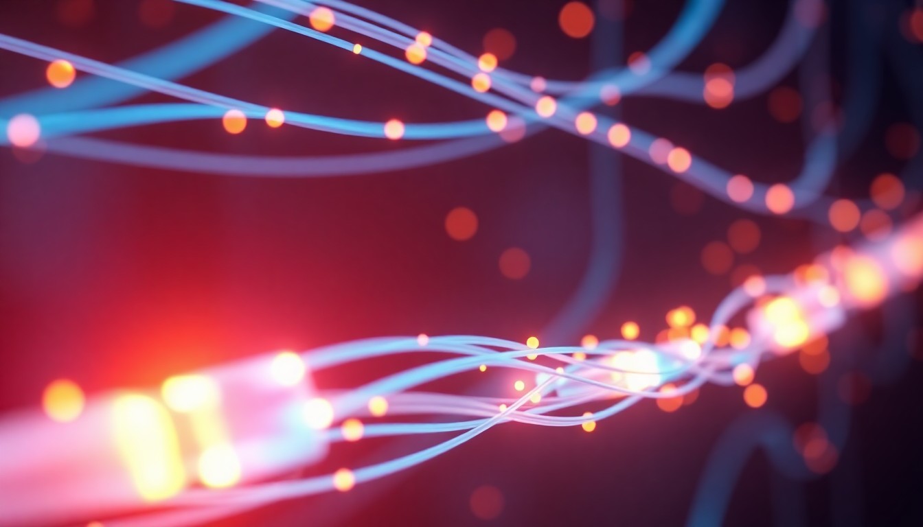 A highly detailed, glowing 3D illustration of a complex network of illuminated fiber-optic cables, representing the advanced infrastructure that enables SpinTel's high-speed internet services.