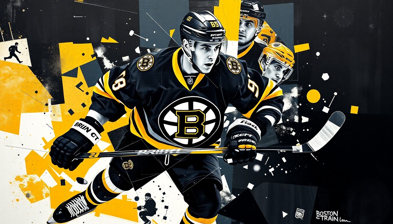 A cubist, geometric painting depicting a hockey player in motion, with sharp, overlapping planes in the black, gold, and white colors of the Boston Bruins.