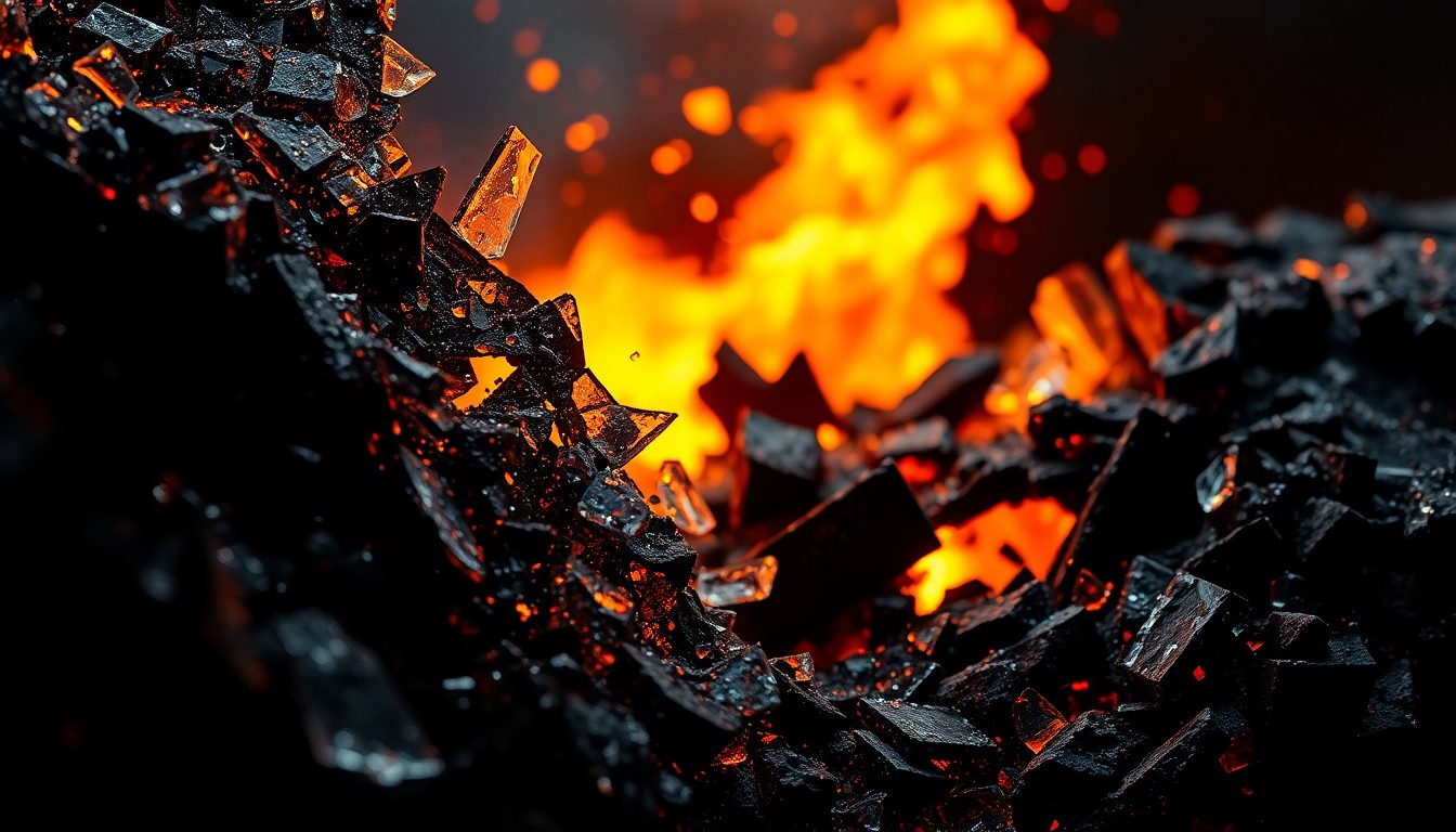 An abstract, high-contrast close-up image of shattered glass and charred metal, conveying the visceral aftermath of a fiery car crash through dramatic lighting and texture.