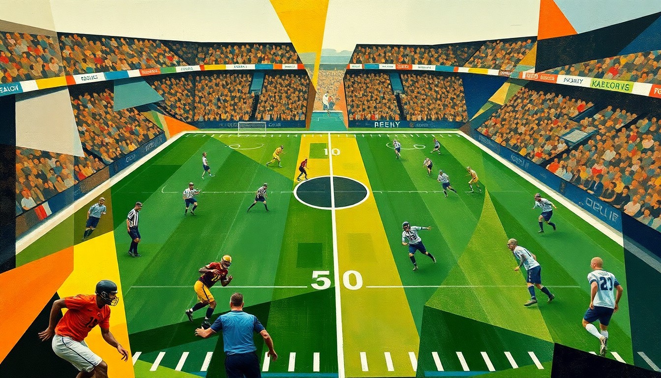 A fractured, cubist-style painting depicting a football game, with players and the field reduced to abstract geometric shapes and angles, conveying the strategic complexity and dynamic energy of the sport.