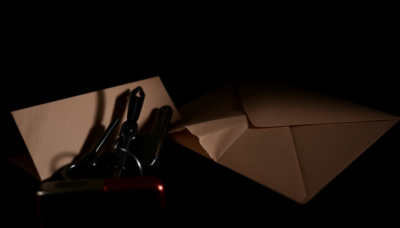 An extreme close-up photograph of a set of lockpicking tools and a torn open envelope, lit by a harsh, direct camera flash against a pitch-black background, conceptually illustrating the tools and aftermath of a mail room burglary.