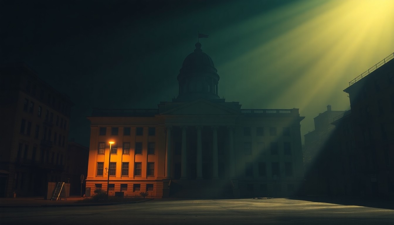 A quiet, cinematic painting of an abandoned government building in an urban setting, bathed in warm, diagonal sunlight and deep shadows, conceptually illustrating the political tension and uncertainty surrounding the Trump-Iran crisis.