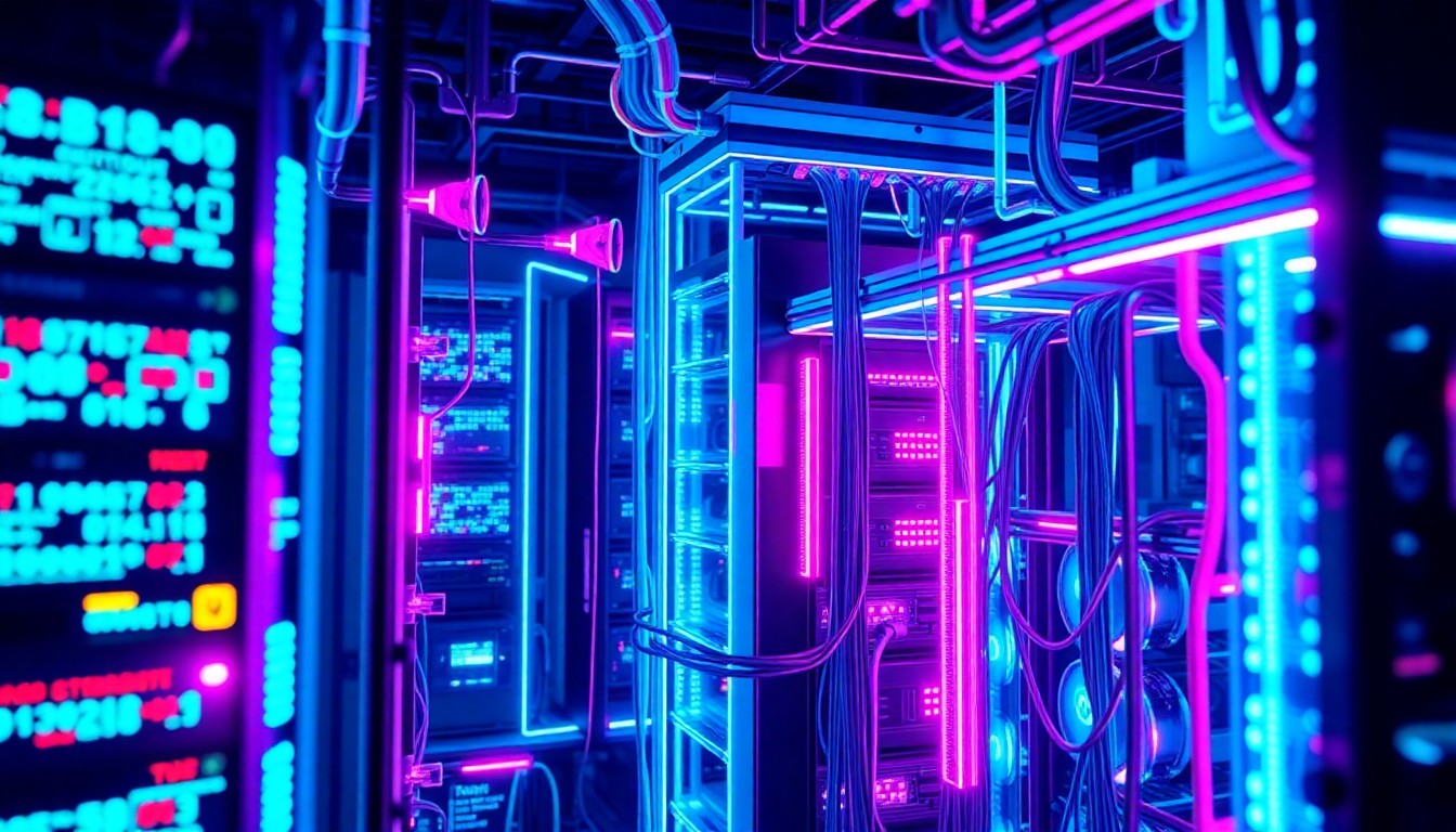 A highly detailed, glowing 3D illustration of a complex cybersecurity infrastructure, with various interconnected hardware components like servers, cables, and sensors illuminated by vibrant neon lights, conceptually representing the advanced AI-driven tools that Bugcrowd is using to revolutionize security.