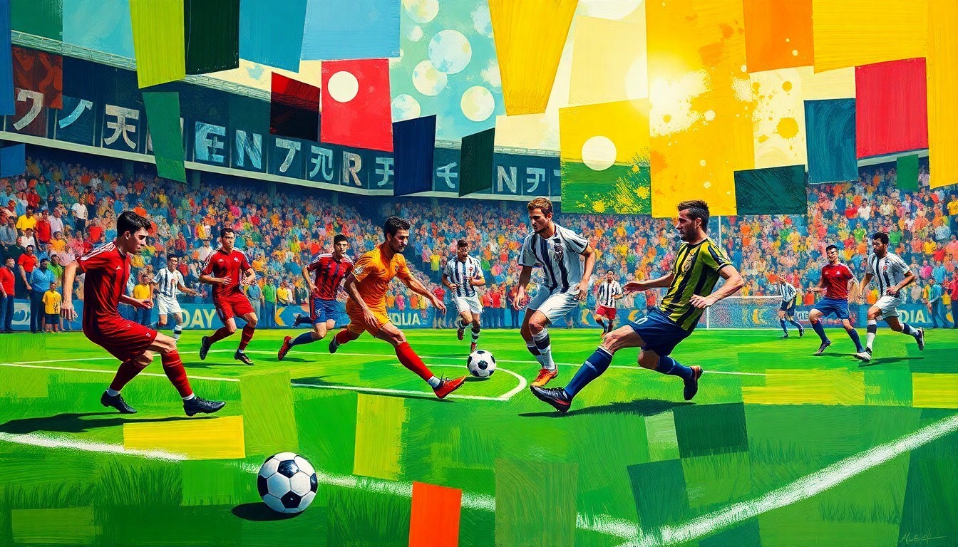 A cubist, geometric painting depicting the intense action of a soccer match, with fragmented players, ball, and field rendered in sharp, overlapping planes of vibrant colors.